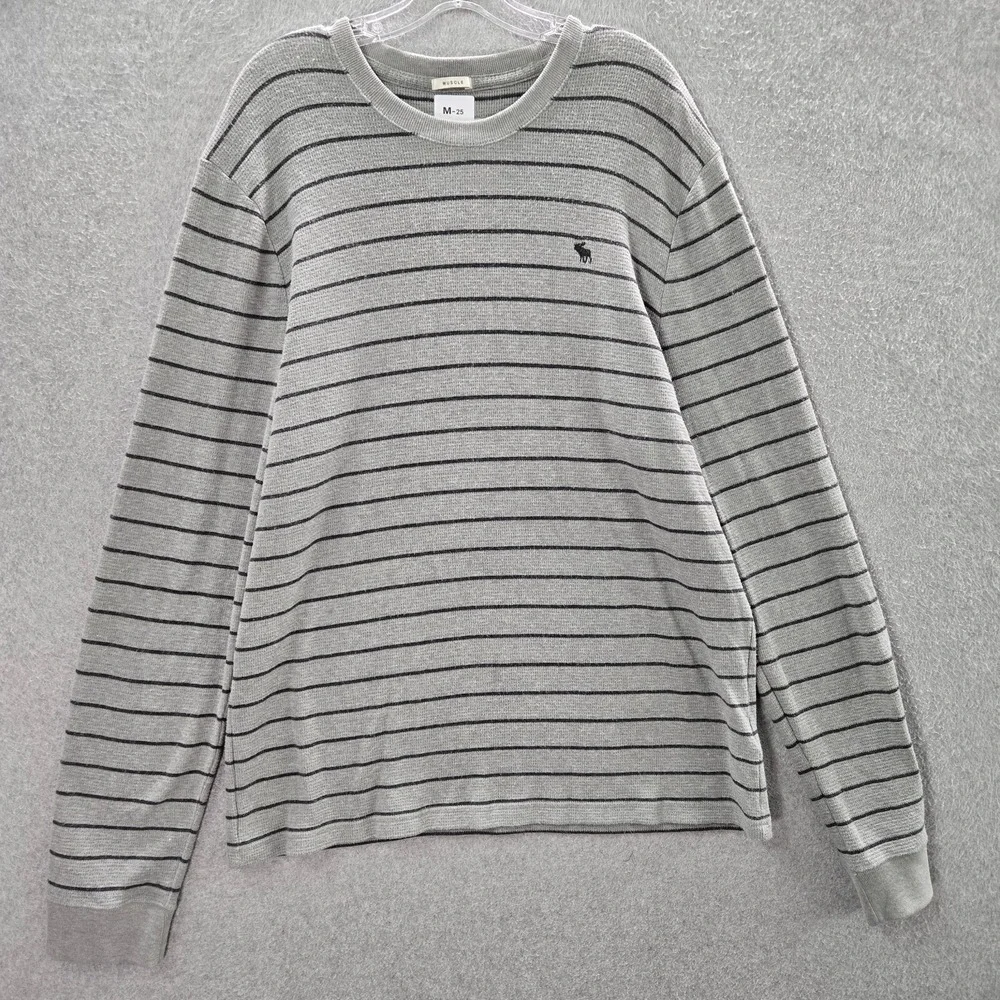 Abercrombie & Fitch Men Sweater 2XL Gray Striped Y2K Muscle Logo Moose Embroider